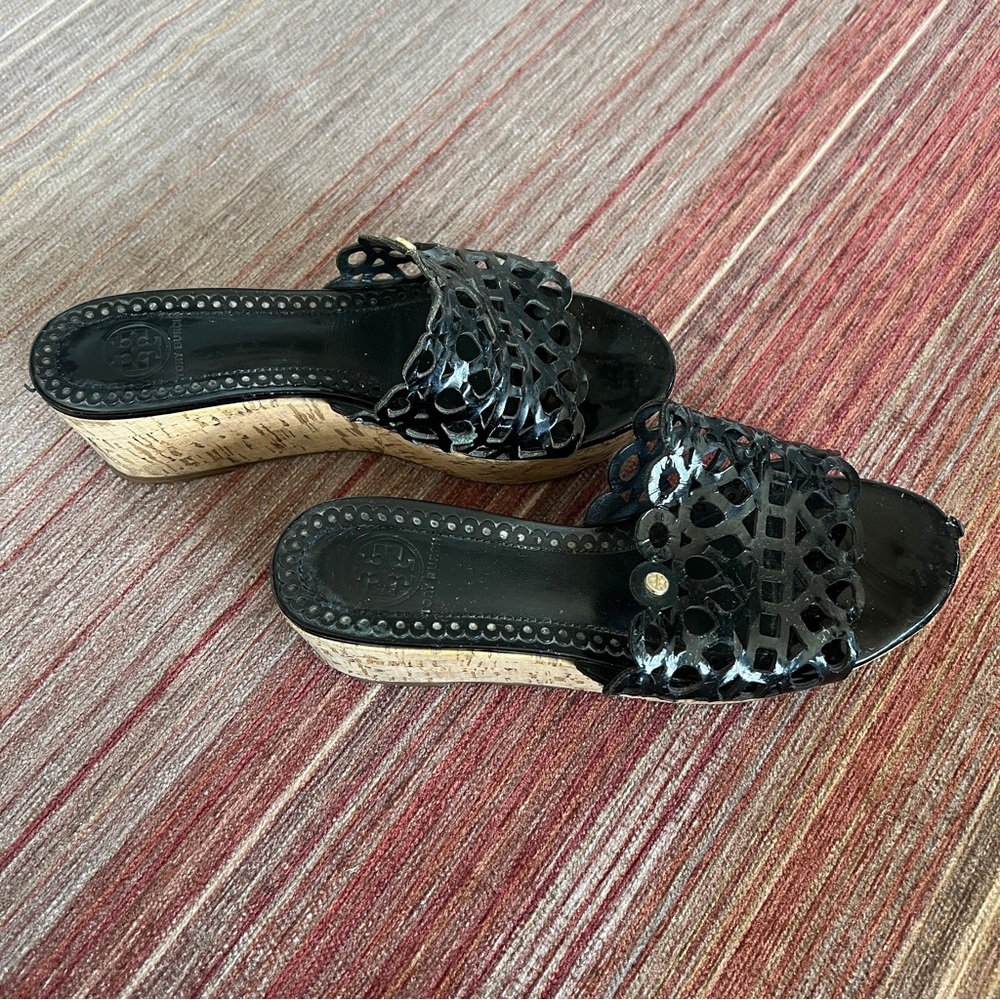 Tory Burch Wedge Sandal with Patent Leather Lattice Cutout
